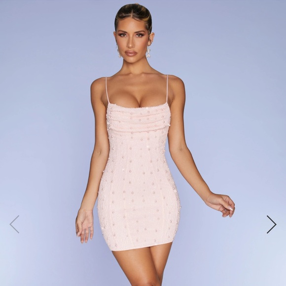NWT Oh Polly Seychelles Embellished Cowl Neck Mini Dress in Blush pink size 6 - Picture 1 of 7